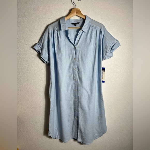 NWT well worn Linen button down shirt dress with pockets blue L - Picture 1 of 3